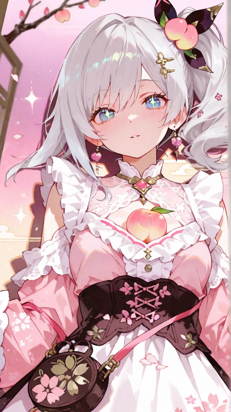 girl,cute,(gray hair:1.2),(long hair with curls:1.2),(Drill Curl:1.25),(With bangs),(Eye size:1.5),(Lace dress:1.3),(White corset:1.3),(blush:1.2),(small breasts:1.5),(A big smile that seems to be happy:1.25),(close up of face:1.4),(Background of blooming flowers:1.35),(white, pink, light blue, and yellow-green),looking up, (from front above:1.5),(going up on stairs:1.5),