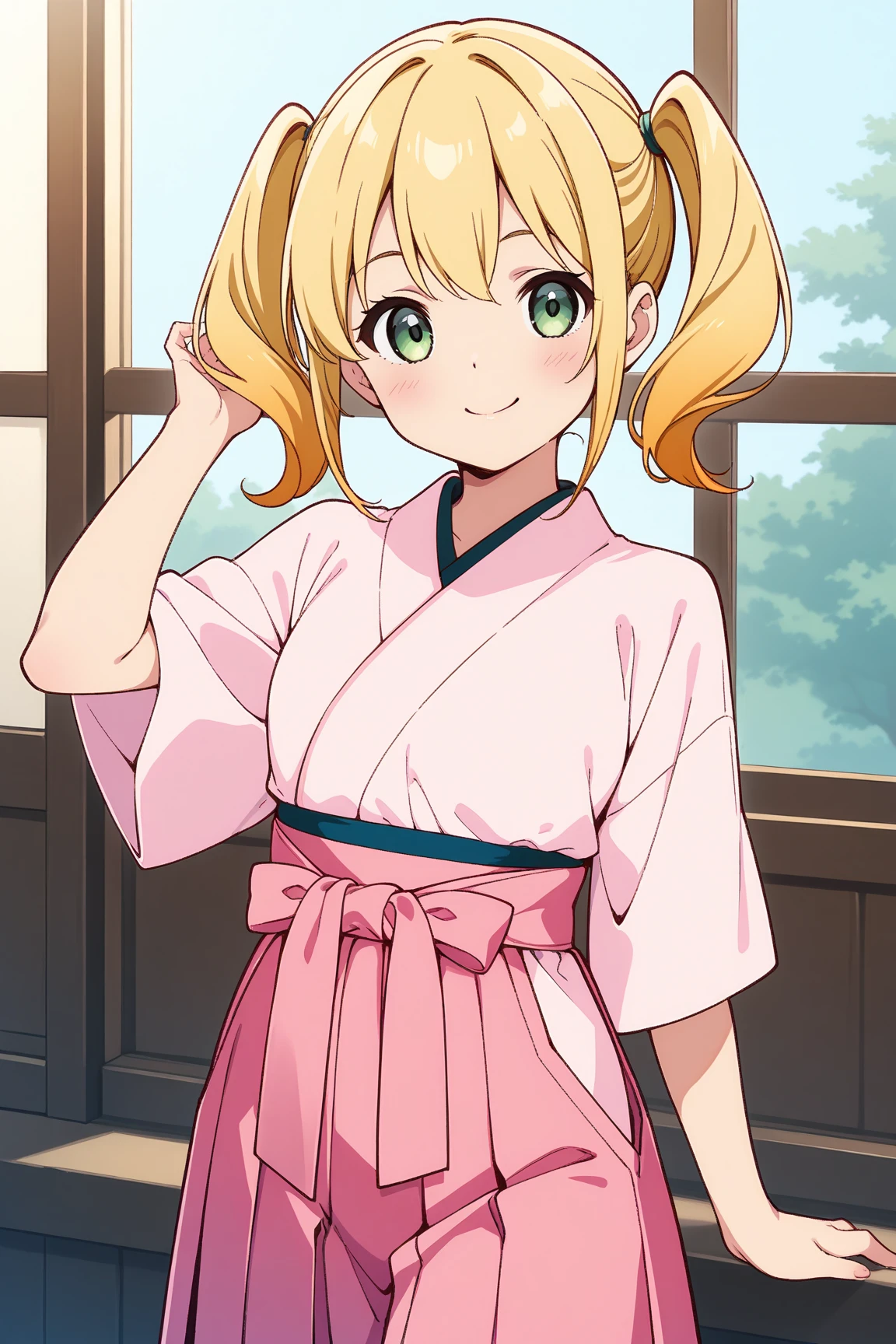masterpiece, best quality, koga yuika, 1girl, japanese clothes, kimono, blonde hair, smile, blush, green hair ribbon, closed mouth, green eyes, short hair, bangs, ribbon, hair ornament, hair ribbon, collar, looking at viewer, hairband, solo, upper body, long sleeves, print kimono, wide sleeves,, presenting armpit, nipples, arm up, armpits