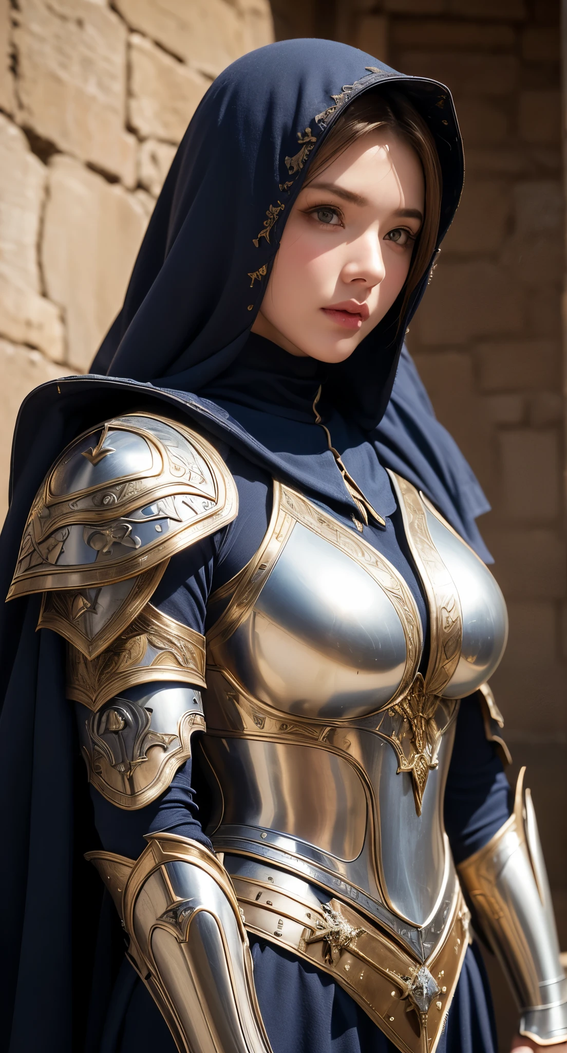 wearing a hijab and vail around , (plain red hijab), tmasterpiece,Best quality at best,A high resolution,8K,((Portrait)),(Head close-up),Original photo,real photograph,digital photography,(Female adventurers in the medieval fantasy style),(Medieval Valkyrie in fantasy style),18-year-old girl,(Hair gradients of blonde and red),blue短发,Red eyelue and long gradient short hair,blue),(super huge round perfect breasts),An extravagant ornament,cparted lips,Keep your mouth shuegant and charming,((Blushing)),haughty contempt,Calm and handsome,(Medieval fantasy combat suit,Joint Armor,Lightweight golden protection,The Beautiful Magic Badge,Medieval armor combined with leather and silver,A delicate pattern,Cloak),(Woman warrior),Photo pose,medieval characters,medieval fantasy , castle background, oc render reflection texture, sexy style, golden sexy breast bra armor , angelic silver tiara, holding a luxury long sword,