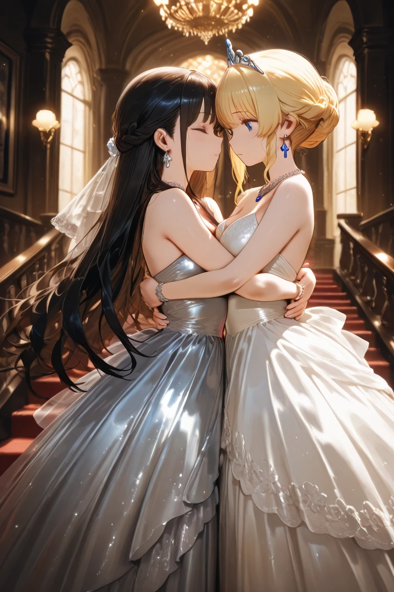 8k,Wide-angle lens,Attention to detail,screen,Cinematic Light,Shadows in the movie,(masterpiece,Highest quality:1.2),Two women are kissing,One has black hair and the other has blonde hair..,close your eyes,Wearing only a lace wedding dress,Church Background,Sexy feeling,(Sacred feelings:0.9),Depth of written boundary,Luminous particle effect,Background light