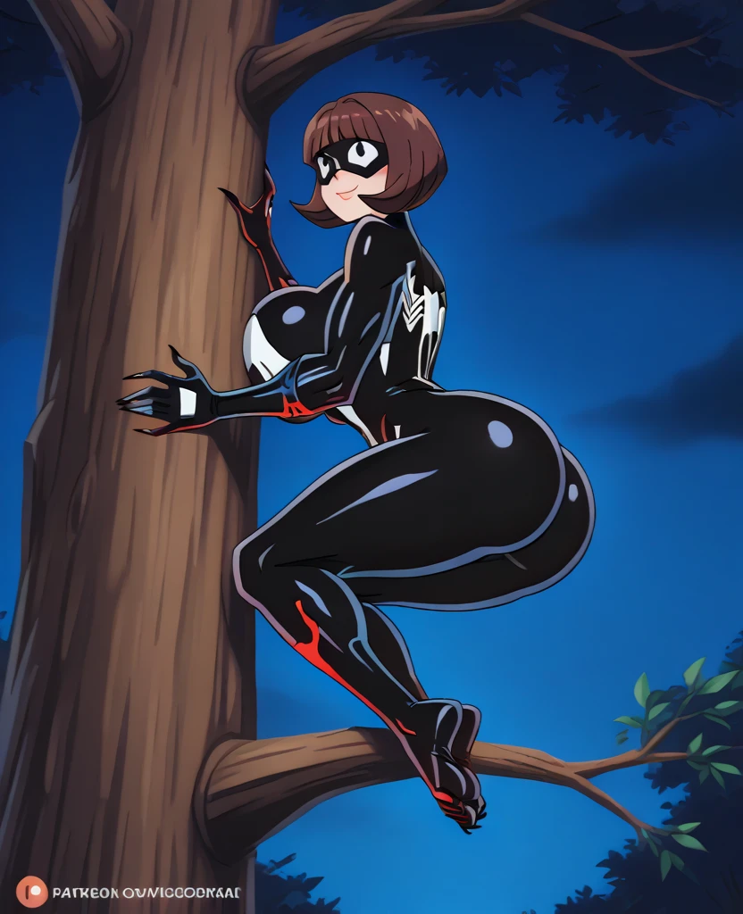 hyper detailed, ultra quality, super high res, professional anime style, best quality, ultra-detailed masterpiece, absurdres, beautiful detailed eyes, beautiful detailed lips, Room, hanging in mid air, perched on the wall, high above the floor, in wall crawling stance, spider man crouch, her fingers and toes gripping the surface effortlessly as she defied gravity. hooded bodysuit, spiderwoman , black bodysuit, sleek form-fitting black symbiote Spider-Woman suit, with a white spider emblem in her chest, long shoulder long white gloves and long thigh high white boots, head fully covered by black domino mask with big white eye lenses cover our eyes lenses with white visible one way see through patches fully covering our face as to not be recognized, her hair free out of the mask, beautiful eyes ,spiderwoman , black bodysuit,Yotsuba nakano/quincentennial quintuplets, short medium length hair, orange hair, blue eyes, beautiful eyes, beautiful lips, thin body, petite frame, small chest