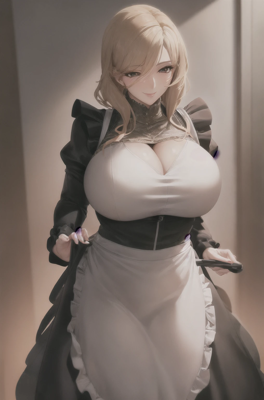 red eyes, long hair, white hair, sidelocks, gigantic breasts, bangs, parted bangs, plump, glasses, rimless eyewear, semi-rimless eyewear,labimaid, gloves, white gloves, bare shoulders, black maid headdress, maid, black thighhighs, frills, covered navel, white elbow gloves, short dress, collared dress, maid dress, black collar,
(huge breasts:1.2,) upper body, from below, cameltoe, panties,
jewelry, hands on chest,see-through, looking at viewer, hair ornament, choker, shy,
(masterpiece, top quality, best quality, official art, beautiful and aesthetic:1.2), (1 girl), extreme detailed, colorful, highest detailed,
city,street, leaning, wall, sun, cloud,