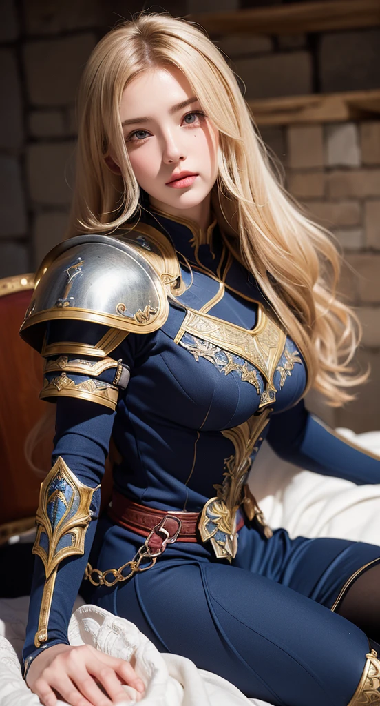 ((Best quality)), ((masterpiece)), (highly detailed:1.3),a woman wearing black armor, long hair. Holding a sword, armor damaged war scene, super cute face, super slim body, super slim, small waist, super perfect huge breast, perfect huge round breast, smooth skin, silky hair, blue eye, 16 year old, red luxury hijab, golden pattern armor, , blonde, fighting style, blushing, wear white pant, Dragon pattern