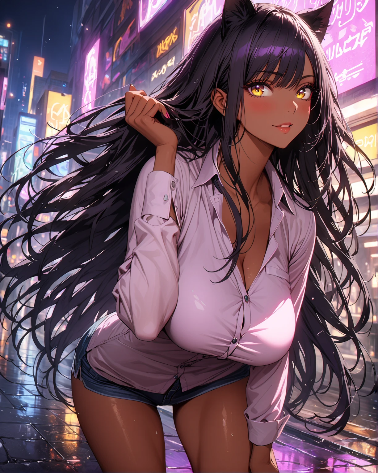 (masterpiece:1.2, top-quality), high resolution, beautiful illustration, (natural side lighting, movie lighting), sharp focus, (super detailed, very detailed), highest quality
looking at viewer, full body, 1 girl, japanese, (space punk girl), beautiful girl, perfect face, (perfect anatomy), cute and symmetrical face, bright skin:1.5, tanned skin, glowing skin, 
(long hair, intricately cut hair, gray hair, dirty black hair, colored inner hair), neon pink eyes:1.4, long eye lasher, (big perfect breasts, saggy breasts, underboob), 
beautiful hair, beautiful detailed face, beautiful detailed eyes, beautiful clavicle, beautiful body, beautiful chest, beautiful thigh, beautiful legs, beautiful fingers, 
very sexy body, wide hips, moving body, sexy legs, detailed body, cleavage, toned abdomen, 
cyberpunk clothes, complex clothing, short sweatshirt, complex sweatshirts, flowing cyberpunk skirt, revealing clothes, show skin, 
graffiti on clothes, half naked, dress up a little, barefoot, (sexy pose), 
(beautiful scenery), perfect art, very detailed, bright colors, background complex, table top, synthwave neon color, beautiful, the conclusion is, attractive, erotic, 
cyberpunk seaside town at night, puddle with bright and dark storm clouds and neon sign, scenery:1.30, (embarrassing), 