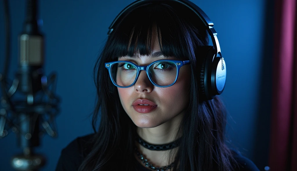 Girl with long  blue black hair, headset, google glasses,  singing