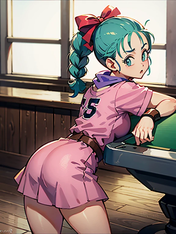 masterpiece, best quality, high resolution, dragon ball, blmpony, aqua hair, hair ribbon, braided ponytail, pink shirt, belt, scarf, pink skirt, clothes writing, brown gloves, medium breasts, in back pose, playing pool table, leaning on the pool table with her butt up, ultra mini pink dress, high showing her ass, show booty, Bulma nude