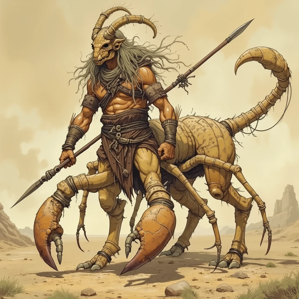 a painting of a man with a giant crab on his back, gerald brom style, portrait of a scorpion goddess, michael hutter, symmetrical epic fantasy art, by Gerald Brom, inspired by Gerald Brom, male centaur centaur chimera, style of gerald brom, on an epic intricate oroboros, horned god, james gurney brom