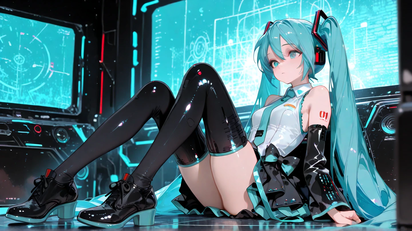 (masterpiece), best quality, expressive eyes, perfect face,a gamer girl with blue hair, pink strands in the hair, cyberpunk,futuristic, in a basement, aroma sensei style, pink puffy coat, pink shorts, pink stockings, full body, black shirt, sitting, black pumps, black headset, black gloves with fingers sticking out