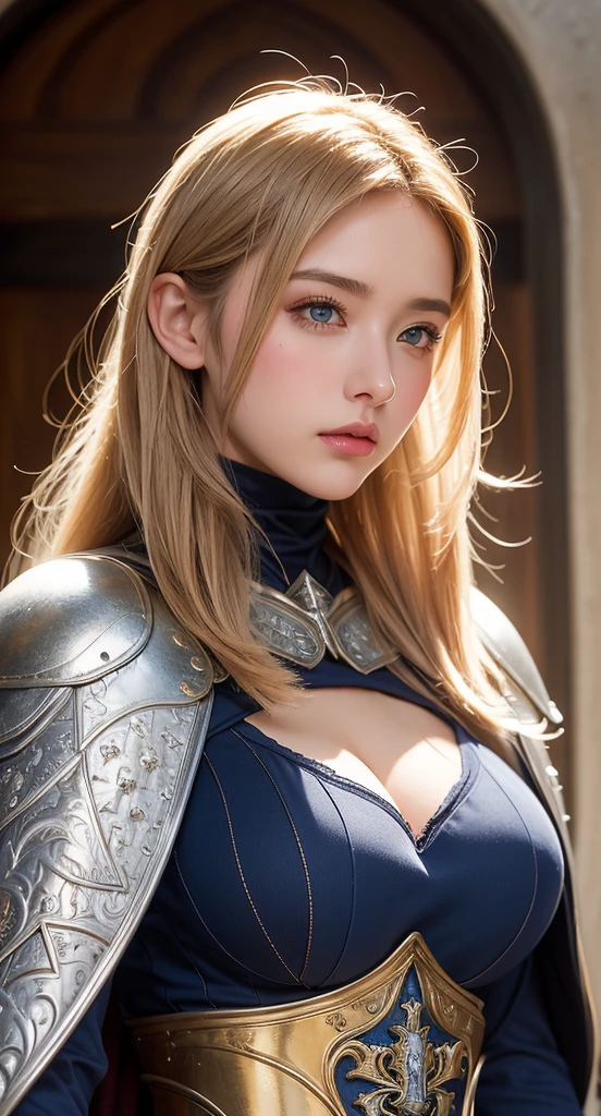 Highest quality、masterpiece、Delicate and beautiful face、Eye and facial details、female knight、Beautiful woman、Black clothes、Cosplay、Medieval European castle in the background、Textured skin、Super Detail、Attention to detail、Blonde、Blue Eyes、Angry face、ponytail:1.3、Beautiful girl、Moisturizing the skin、Lip gloss, eyelash, Shining Face, Glowing Skin、Beautiful lighting、Incredible detail、real texture skin、Attention to detail鎧、Dramatic Light、Sitting