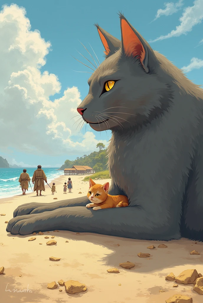 A giant cat stalks and eats a bikini clad woman, beach by moonlight, horror, at plays with prey