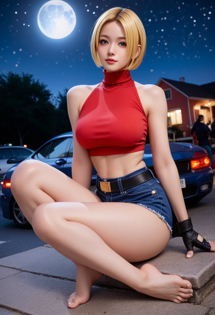 Best Quality, hight resolution, shoot from below, a tomboy fighter with a tiny man standing beside her, very tall girl, huge giantess girl and a tiny man stand beside her, muscular, tough girl, abs, biceps, fierce looks, red eyes, her hair is blonde pixie short hair with a white pilot hat, wearing short sleeves pilot Vest, open vest, black short shorts, wearing sport shoes, huge giantess girl sitting crossed legs on a car roof, long legs, fair light skin, full body pictures, perspective from below, and a guy height to her waist