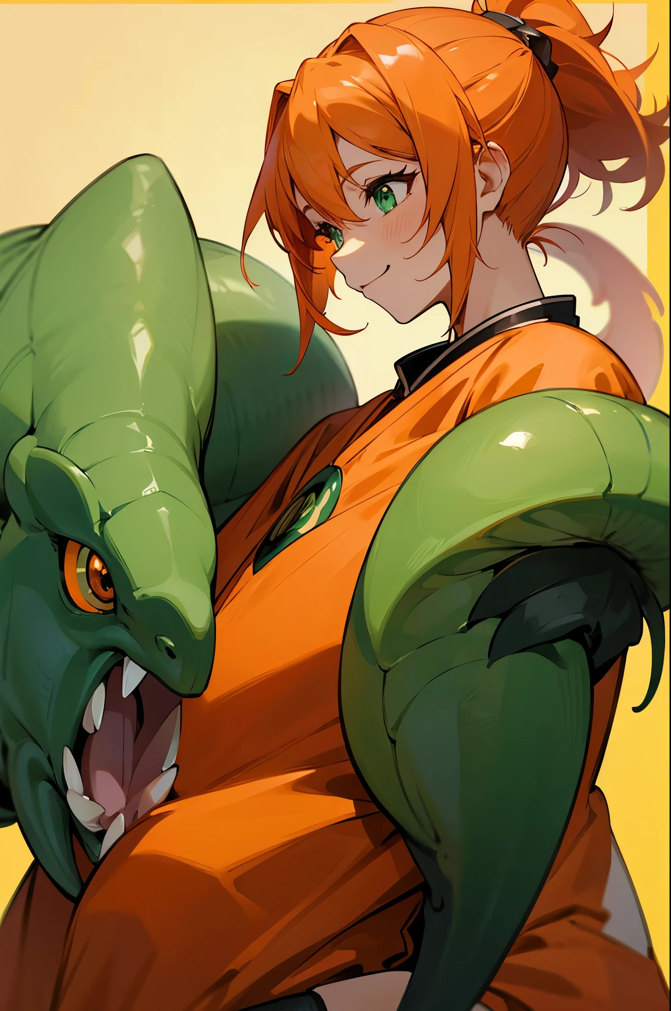Ebi no Monster Musume、orange clothes、orange hair、ponytail、beautiful green eyes、Smiling、profile、Shrimp mascot、upper body close-up