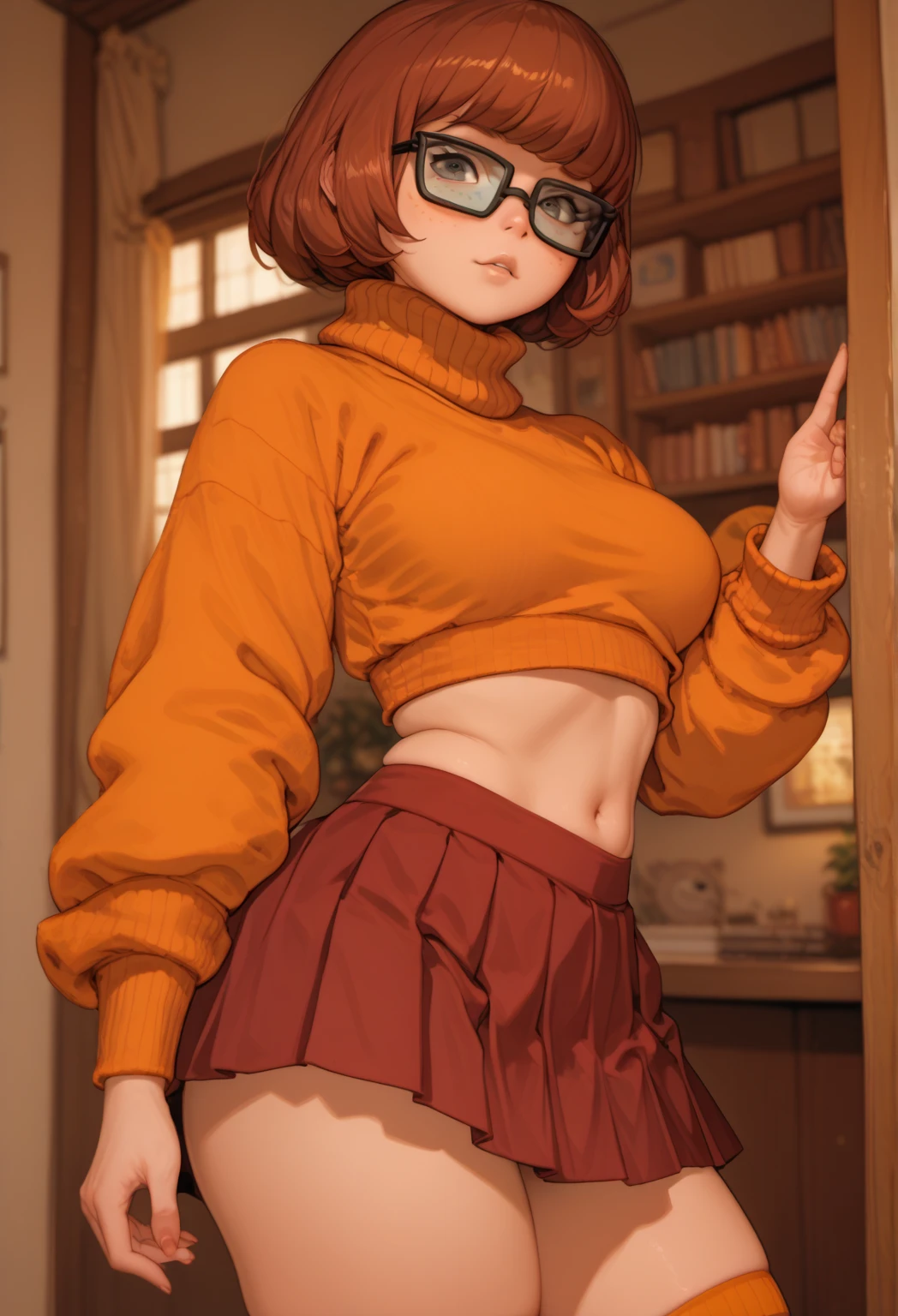 (((waist up))), (((perfect body))), (((voluptuous))), (((hot))), thick thighs, Velma Dace Dinkley ager (from the Scooby-Doo series), posing for self with a ghost behind her, arm stretched out for freight as if she were holding a cell phone, comedic scene, perfect body, gorgeous and intelligent face, front view, mini skirt, glasses, big breasts, hot, short brown hair, orange turtleneck blouse, red skirt, waist up