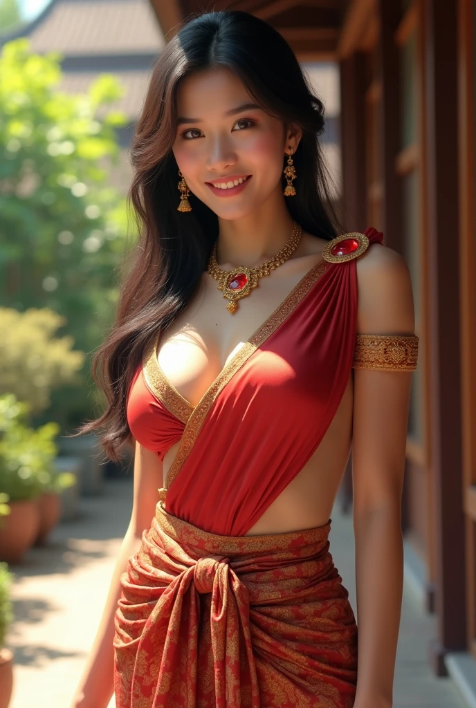 (realistic:1.3), Crazy details, quality, (Masterpiece:1.2), (ภาพrealistic:1.2), (qualityที่ดีที่สุด), (Beautiful skin:1.3), (There are complicated details...), Ray tracing, ((Full body)), ((ผู้หญิง 1 person)), (((1 person))), 18-20 years old, ((stand)), ((long hair, for a very long time., ปล่อยlong hair)), ((small waist)), ((Long legs, beautiful thighs, Thin)), smile, ((red chest covering)), red coat, red striped skirt., Contrasting colors with dresses and skirts..., ((Show off one beautiful shoulder..)), ((โชว์Long legsสวย)), skirt pattern, earring, necklace, Javanese jewelry, ((Breast cleavage)), ((big breast)), ((Beautiful breasts)), ((เสริมbig breasts)), ((full chest)), ((big breasts)), Long legs, white skin, charming, sit, (blurred background),