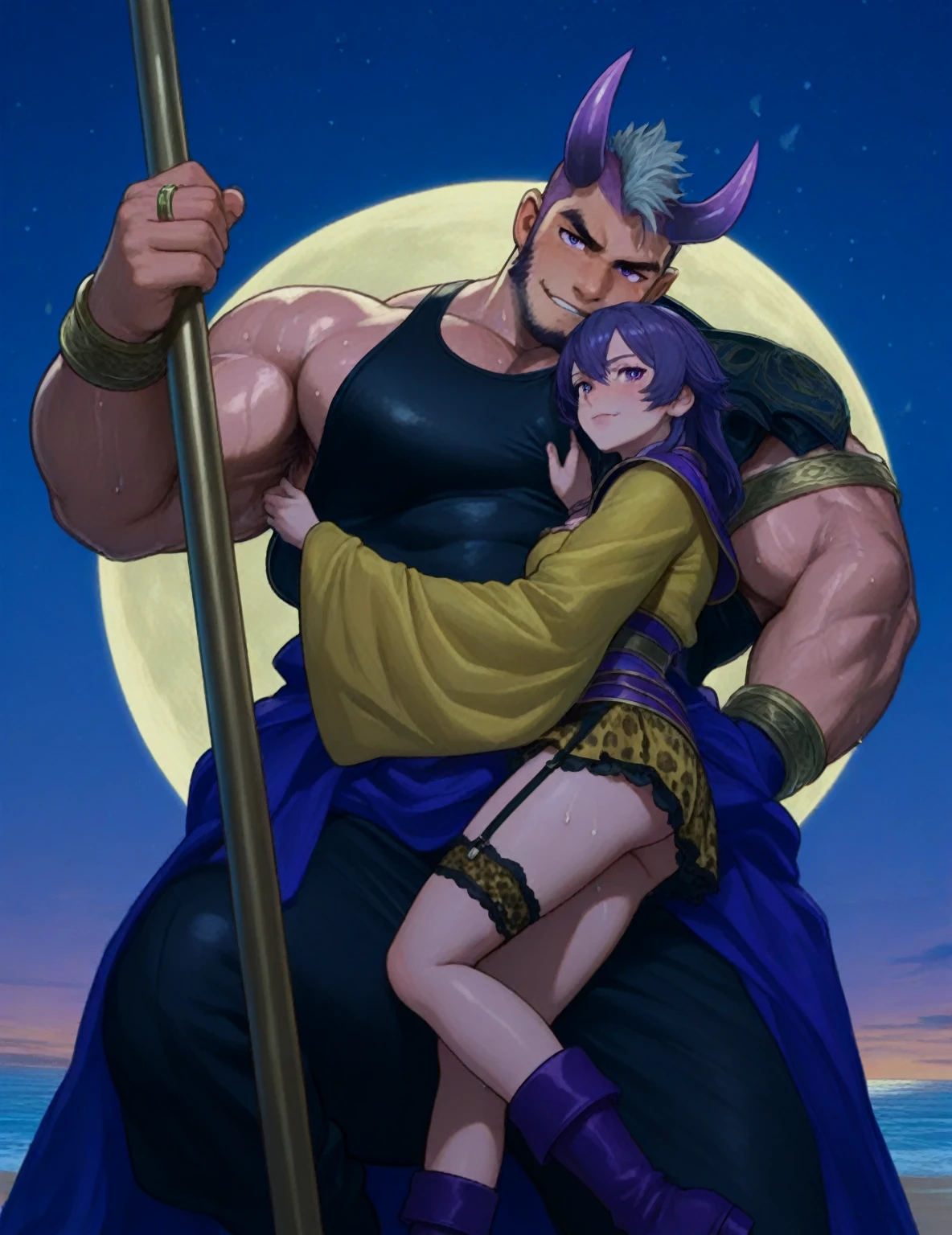 1futanari ,Saiyan, purple hair combed back, green eyes,slim, thin waist, wide hips, brown skin color, medium breasts, naked, huge dick, huge long dick, 2 meter dick , erect dick, thick dick , curved upward dick, immense dick ,the girl is standing inside a forest, girl with blowjob on futanari