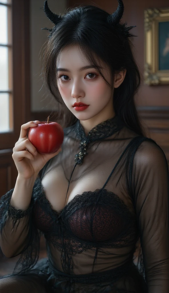 (超High resolution, masterpiece, Anatomically correct, Textured skin, Super Detail, Highest quality, High resolution, 8k, bloom, Front light:1.2, Perfect dynamic composition), ((24-years-old, Cute and sexy Snow White and the Seven Dwarfs)), (Sexy Face, Long face, Distant eyes, Gentle eyelids, Thin eyebrows, Gentle corner of the eye, Hawk-like nose), (Gal Makeup:1.5), (eyeliner), (Totally captivates you), (Eyes that feel erotic), (A taste of beautiful eroticism), (Too cute beauty), (Dark blonde hair), (Short Hair, Straight Hair, bangs, Smooth Hair), ((Snow White Costume:1.25)), ((Soft long skirt:1.4)), ((Gorgeous carved wooden bed)), ((Extreme close up:1.25)), ((Keiko Kitagawa:1.0)), ((Ample breasts G-cup breasts)), ((Cleavage)), ((Lie on your back in bed:1.5)), ((holding an apple in one hand:1.2))