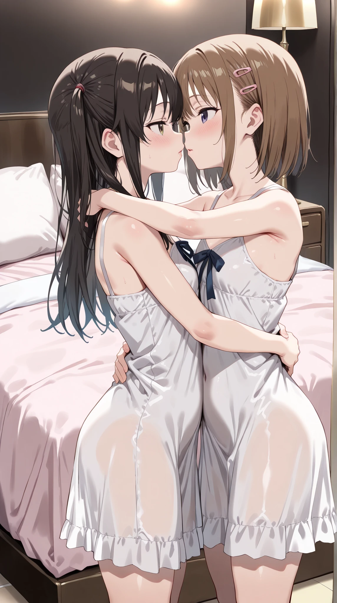 Two women. Woman on woman. momo yaoyorozu, naked, lying on the bed, big breasts, small nipples pissy. Ochako Uraraka, naked, lying on the bed, medium breasts, small nipples, pussy, Women kissing, bedroom, evening