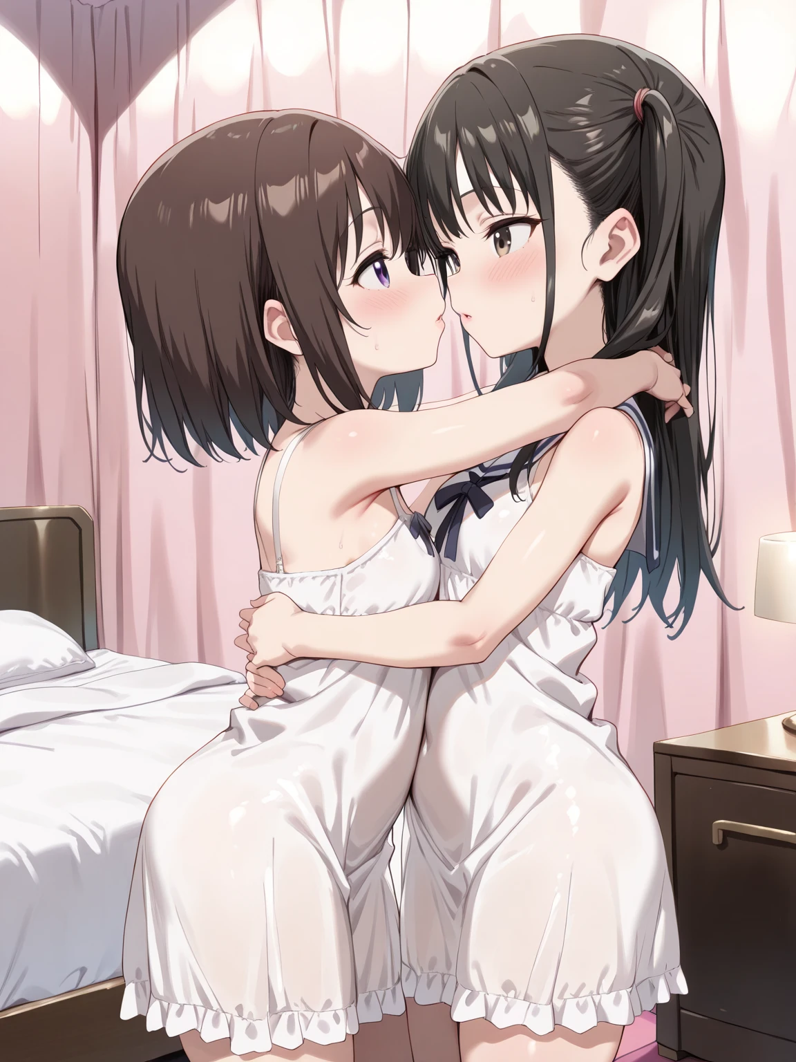 (Highest quality), (masterpiece), highly detailed, Ultra-high resolution, 2 women, Young girl and grown woman, Mikasa and her daughter sleeping side by side, close together, On the left side of the bed, a young girl in a tight camisole with her breasts showing spread her legs and I inserted my penis into her while she was sleeping and not noticing. I then inserted my penis into her and kissed her mother who was sleeping in a tiny camisole on the right side., whole body, Eyes that are uniform in shape, Sleeping with both eyes closed, Brown Hair, Short hair with the right side parted and the hair swept back, Short hair with the nape of the neck flipped outwards, Short side hair, She has a full head of pubic hair, Beautiful Vagina, White semen is spilling out from the gap between her vagina and my penis inserted in her vagina., A small cross-section of a uterus with a penis expelling semen in the background, Small Breasts,