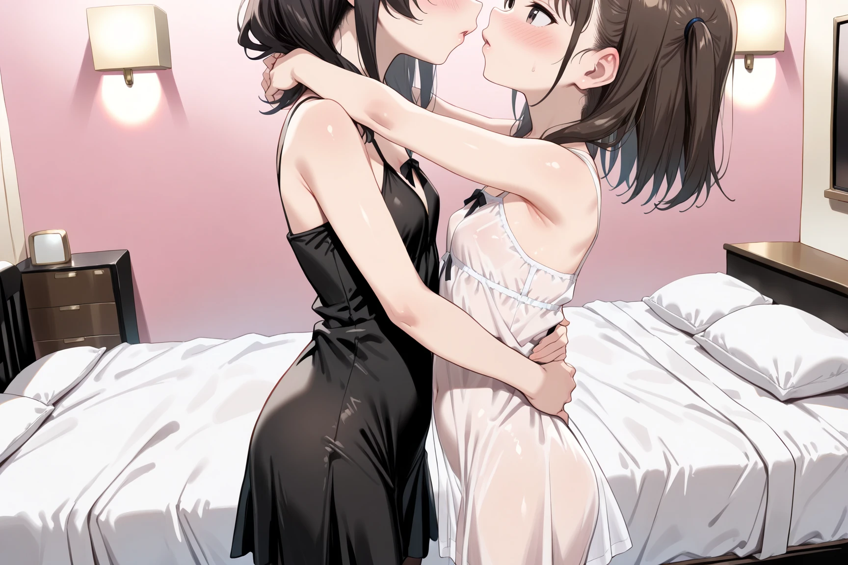 How to sit a girl,Written boundary depth, Delicate eyes, Distinctive nose line,Fine skin、Smooth、Perfect beauty、Small breasts、thin,((Natural style)),Brown Hair、Truly beautiful、Beautiful profile,Perfect Style,Ahegao,((Boyish clothes)),Shortcuts,Western-style room,On the bed,night,My face turned red,((Kiss between girls)),((Embrace and kiss deeply))、((Kiss the Eyes)),((Half naked))、((Girly clothes)),