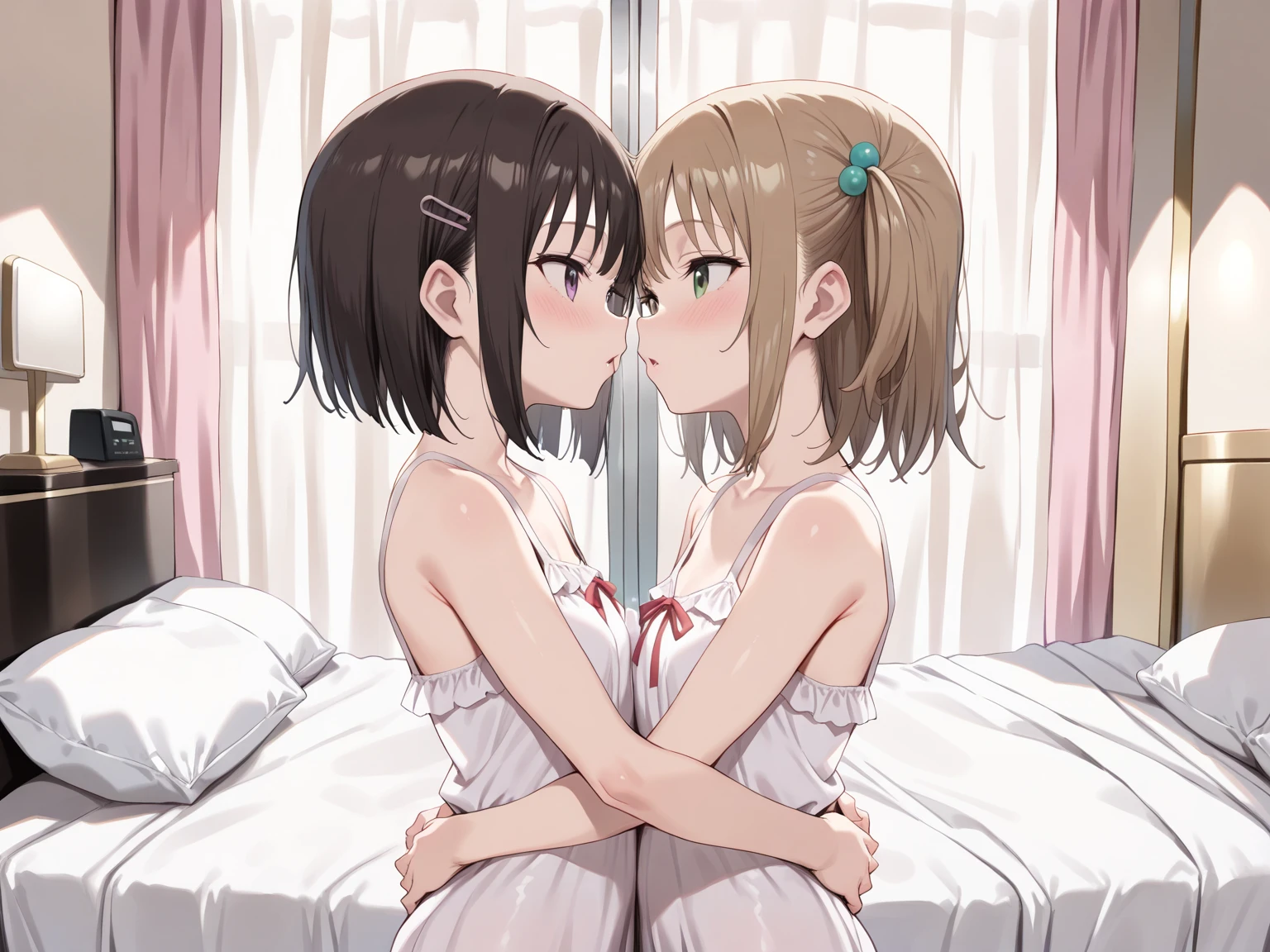 Two naked women, two women sitting side by side. Women looking at each other. Woman 1: Ochako Uraraka, medium breasts, small nippless, blushing, orgasmic face. woman 2: Himiko Toga, medium breasts, small nippless, face of desire, blushing face.bedroom, noon, perfect bodies, perfect legs, Masterpiece