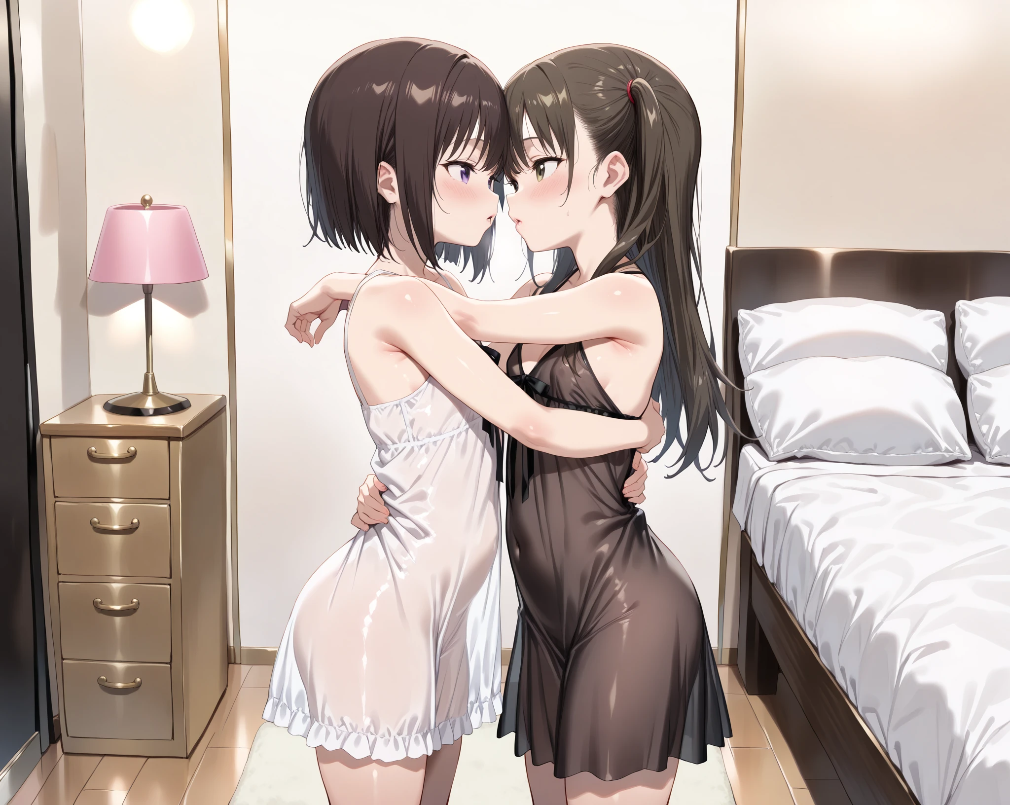nsfw,One Woman、、Primary school students、Completely naked、(Beautiful nipples)、((Small Breasts)),((1boy and 1girl, vaginale, Sex ))、Mr.々Position、(Random pose)、Shot from a random angle、Highest quality、Very delicate and beautiful、((Very short bangs))、((Bangs))、Light shiny brown hair、The hair is light、((Short Bob))、Cute face、Young face、Cute like an idol、Yellow Eyes、Are thin、Slim figure、Short、(Child body type)、((Lots of sweat))、Embarrassed face、Open Mouth、Troubled face、Red face、On the bed、Pink Bra、Shot from above、