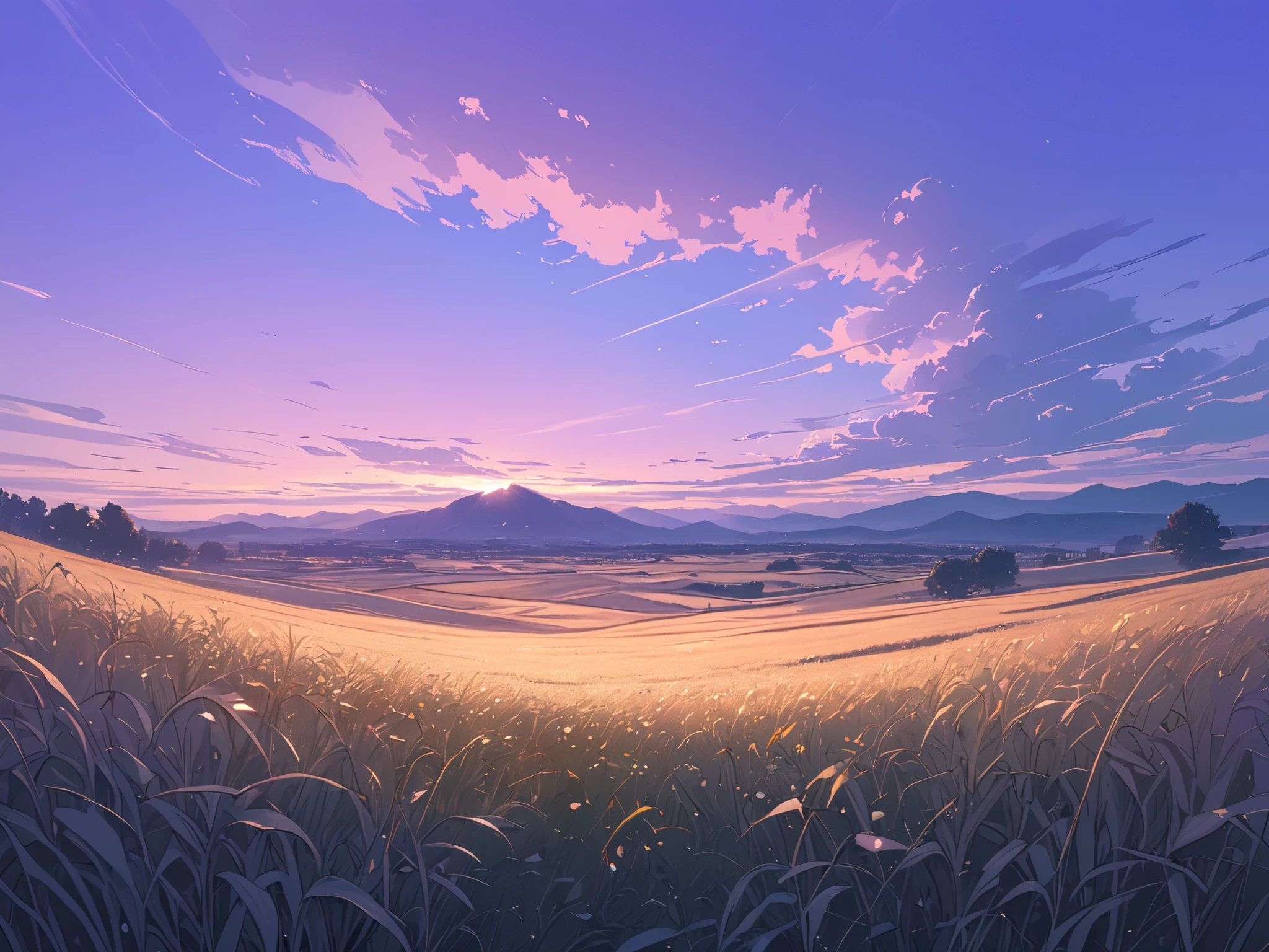 8K, RAW Photos Box, better quality, masterpiece: 1.4, Ultra-high resolution, extremely detailed, soft lighting, scenery, sky, purple sky, field, beautiful, 