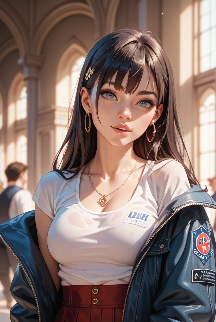 fotos realistas de mulher coreana, franja cruzada, sorria levemente, Camiseta, no aeroporto, pov, Photo at eye level, blurry, UHD, Obra de arte, high resolution, 16k