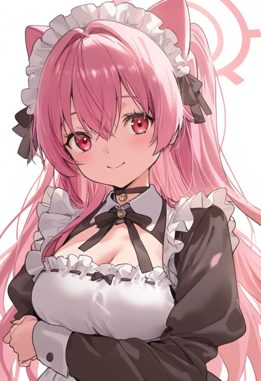pink hair, white hair, big, light pink eyes, white skin, pixel character, very large breasts, Black Maid outfit 
