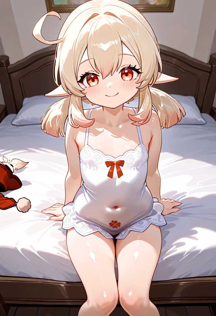 , child, flat chest, nude, naked, pointy ears, laying on the bed, on back, good eyes, smiling softly, perfect body ratio,