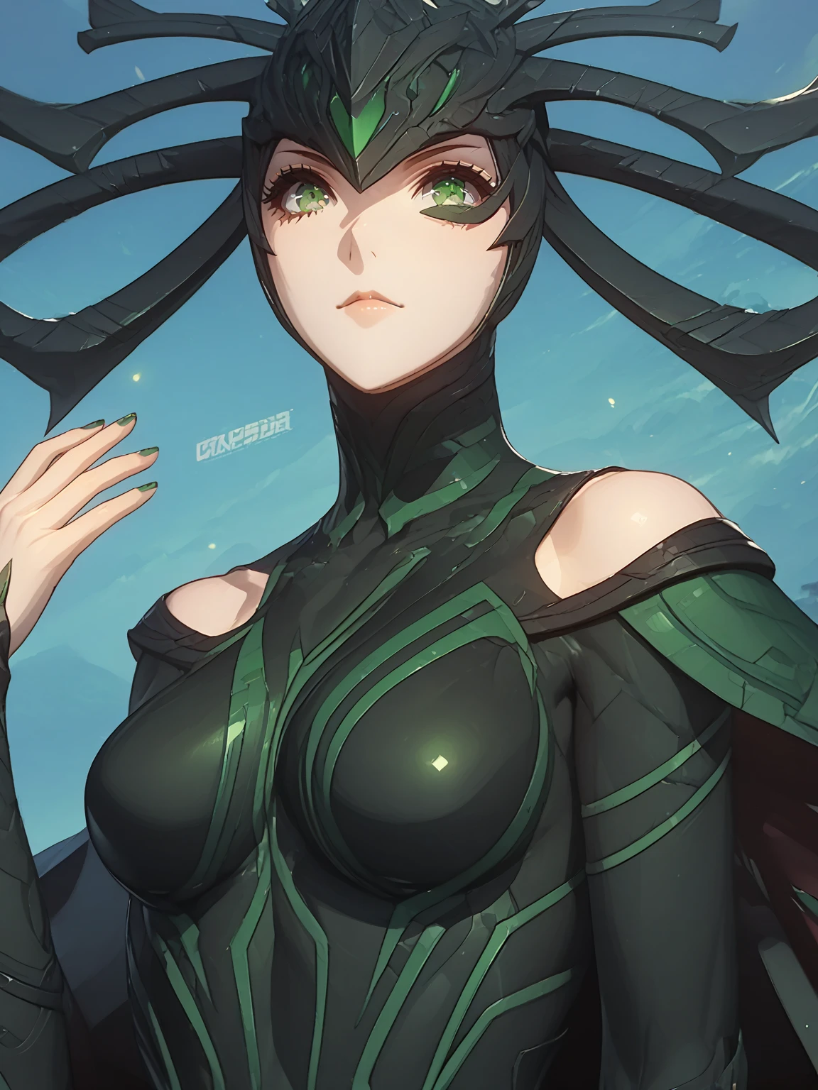 hela is a girl, It is inspired by the female version of Loki., He has short black hair but it reaches his shoulders..., emerald green eyes, She has a sexy body but according to her age and she is dressed in revealing lingerie. It's in the middle of the forest , Marvel comic vignette style