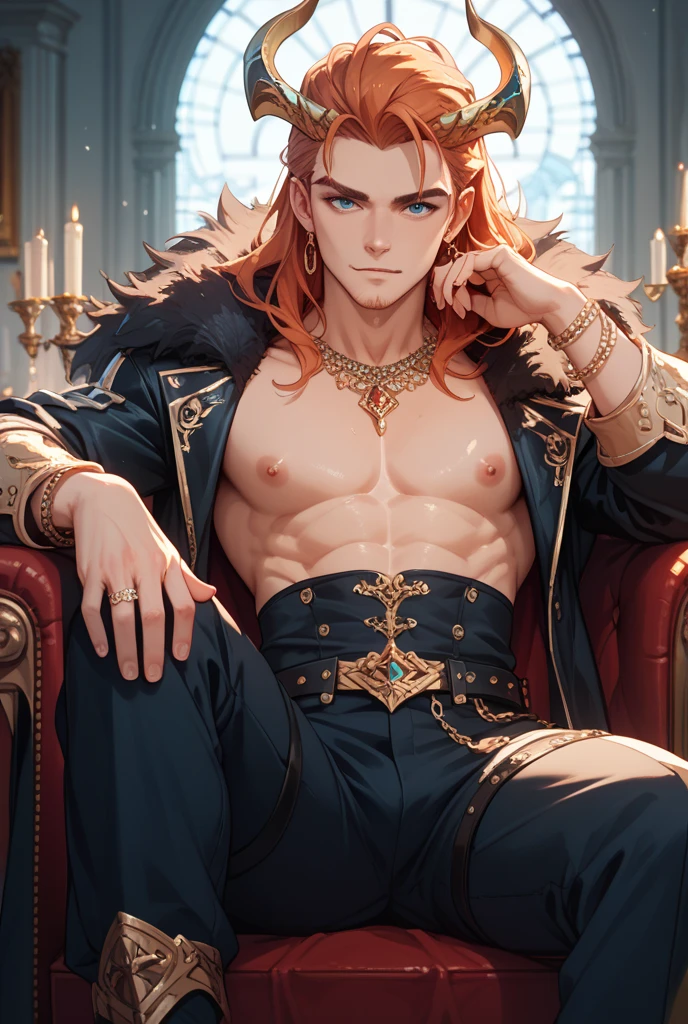 (hyper-realistic digital illustration), (perfect face:1.1), (high detail:1.1) one extremely handsome male elf wearing micro orange g-string, mage long red robes, clean shaved, front view, lying on his back, holding legs raised, athletic body, (pale skin), bare chest, flat chest,(long orange hair scruffy ), serene expression, small waist, muscular. best quality, high-resolution