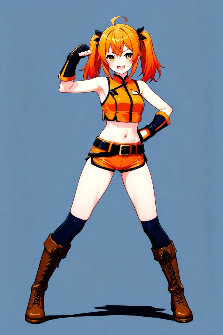 Gun holster on hip, black utility belt, blue design on bodysuit only, actual mouse ears, techwear jacket, cropped jacket, orange slightly torn jacet