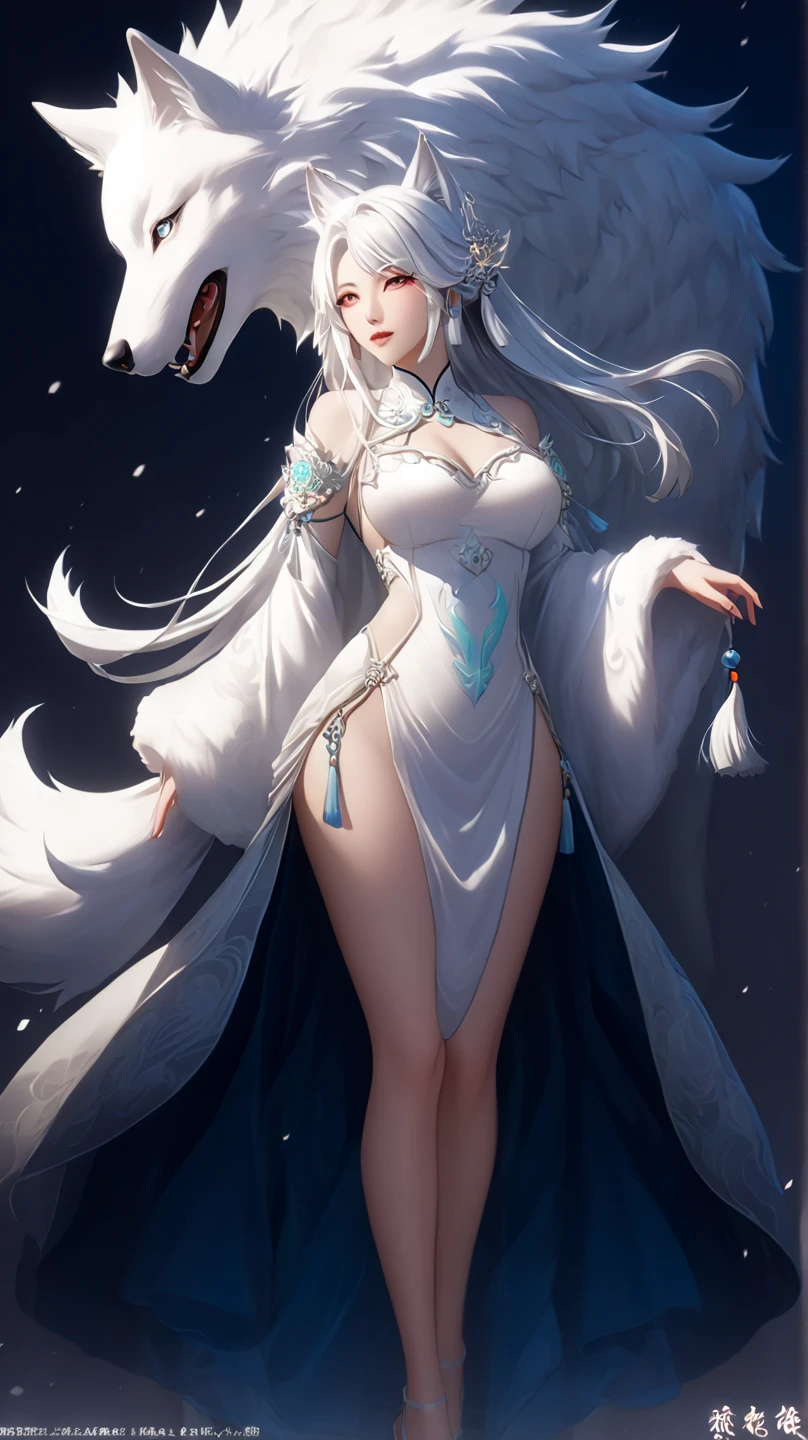 (masterpiece, top quality, best quality, official art, beautiful and aesthetic:1.2), (1girl:1.3), (fractal art:1.3),absurd, masterpiece, best quality, realistic, hyper-detailed, (shiny skin, sweaty:1.4), looking at viewer, slender, 1girl, solo, white sneakers, white miniskirt, long hair, twin tails, princess cut, white hair, red eyes, (thick thighs:0.5), dynamic lighting, high resolution, sharp focus, depth of field, medium breasts, side boob, wolf girl, animal, wolf ears, masterpiece, best quality, ultra-detailed, illustration, ultra-detailed face, best quality face, evil, 18 years old, adult, 1girl, 18 years old, white hair, alchemy outfit, intricate detailed outfit, sexy pose, glowing red dress, cute, kawaii, digital art, finely detailed eyes, blushing, red cheeks