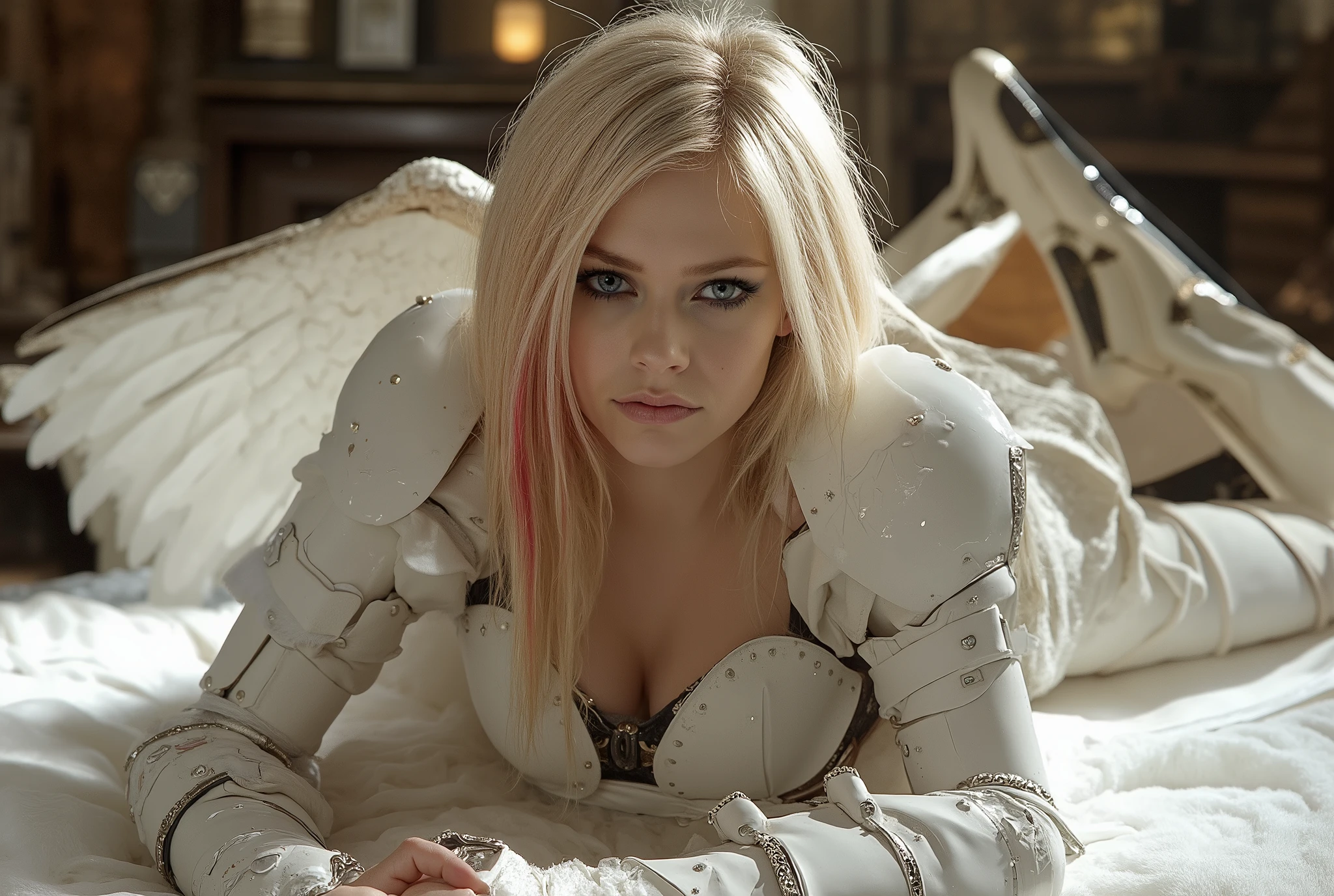 Engel, (Avril Lavigne), liegt seductive auf einem altar, large white angel wings ; wears white armor, blonde hair with pink streaks, big eyes, blaue Augen, detailliert, sexy, seductive, make up, in einer Kathedrale, high heel boots