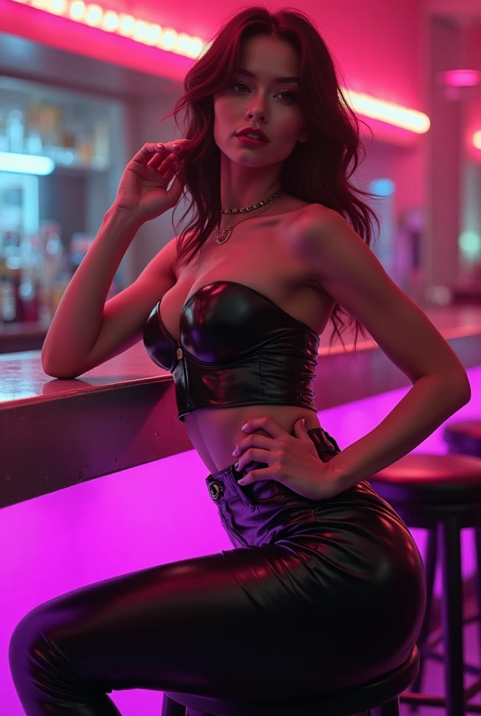Punk woman, slim figure, wearing a black fishnet top posing for a photo in a club at night, full body shot, night club lights, black make-up, techno aesthetic, techno fashion, neon lights, ultra detailed, masterpiece.