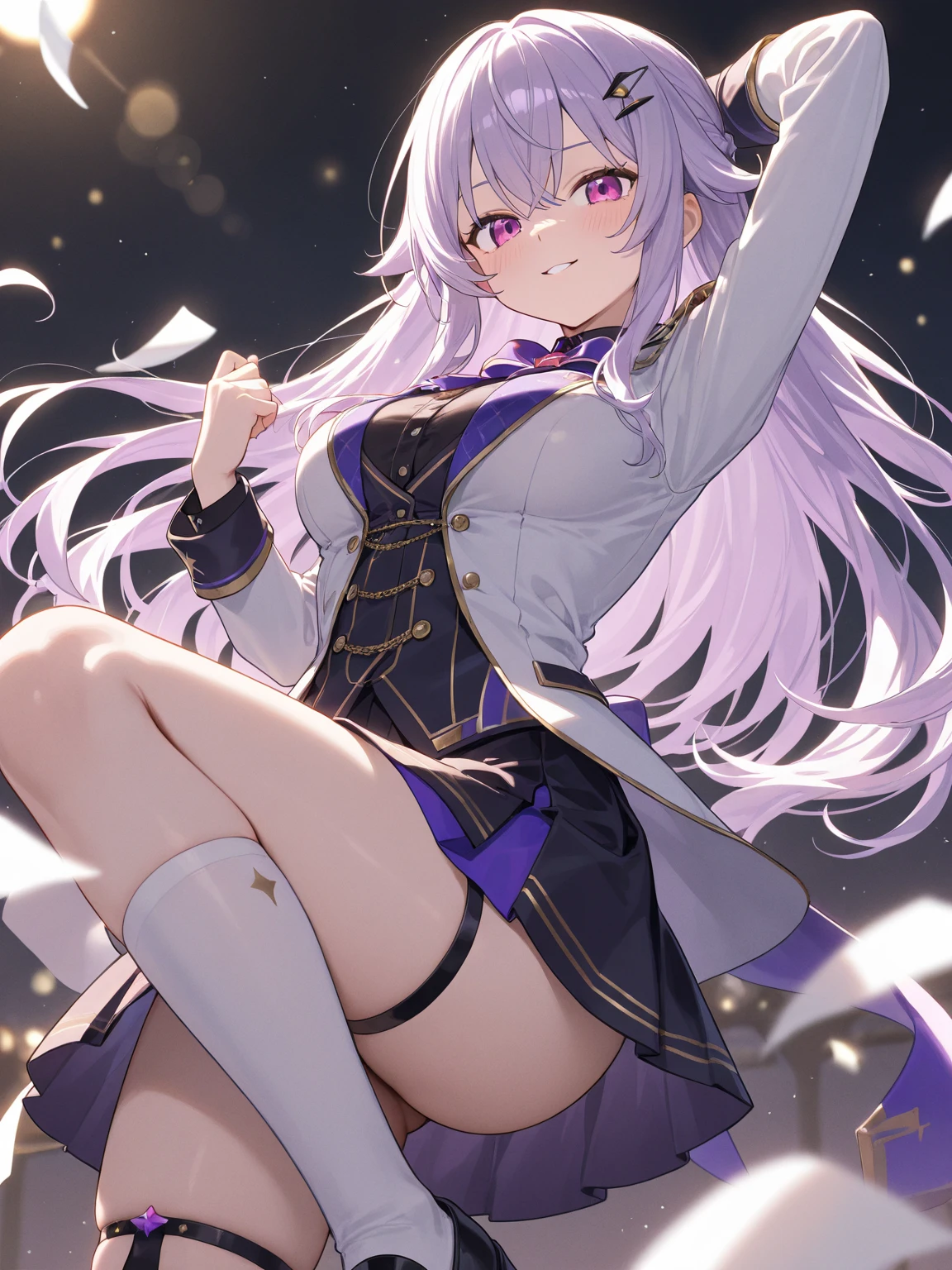 1 female, maestro, wearing a black suit, light purple tie, sin shorts, you can see her big naked ass, Thick, light purple hair, wide, light purple rabbit ears, light red eyes, face to detail, detailed eyes, the background is a pizzeria, happy, playing a red guitar.