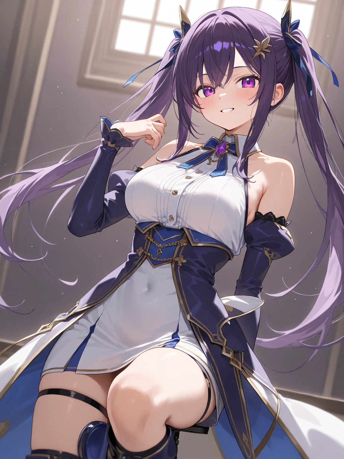 ultra-quality, ultla highres, Hyper Detailed, High contrast, Ultrafine Strike, creative refinement,A dark-haired, ssmile,Purple corset,purple garter belt, Show Pub