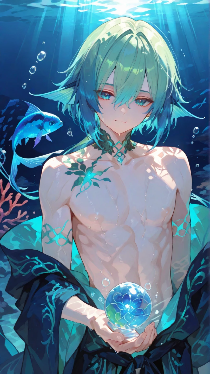 (Male Mermaid)、Merman、、child、(naked)、Blue short hair、Blue Scales、fin ears、(Sink up to your waist in a bottomless swamp)、Main upper body、Larger image、suffer、Sweat、Delicate face、Smooth body