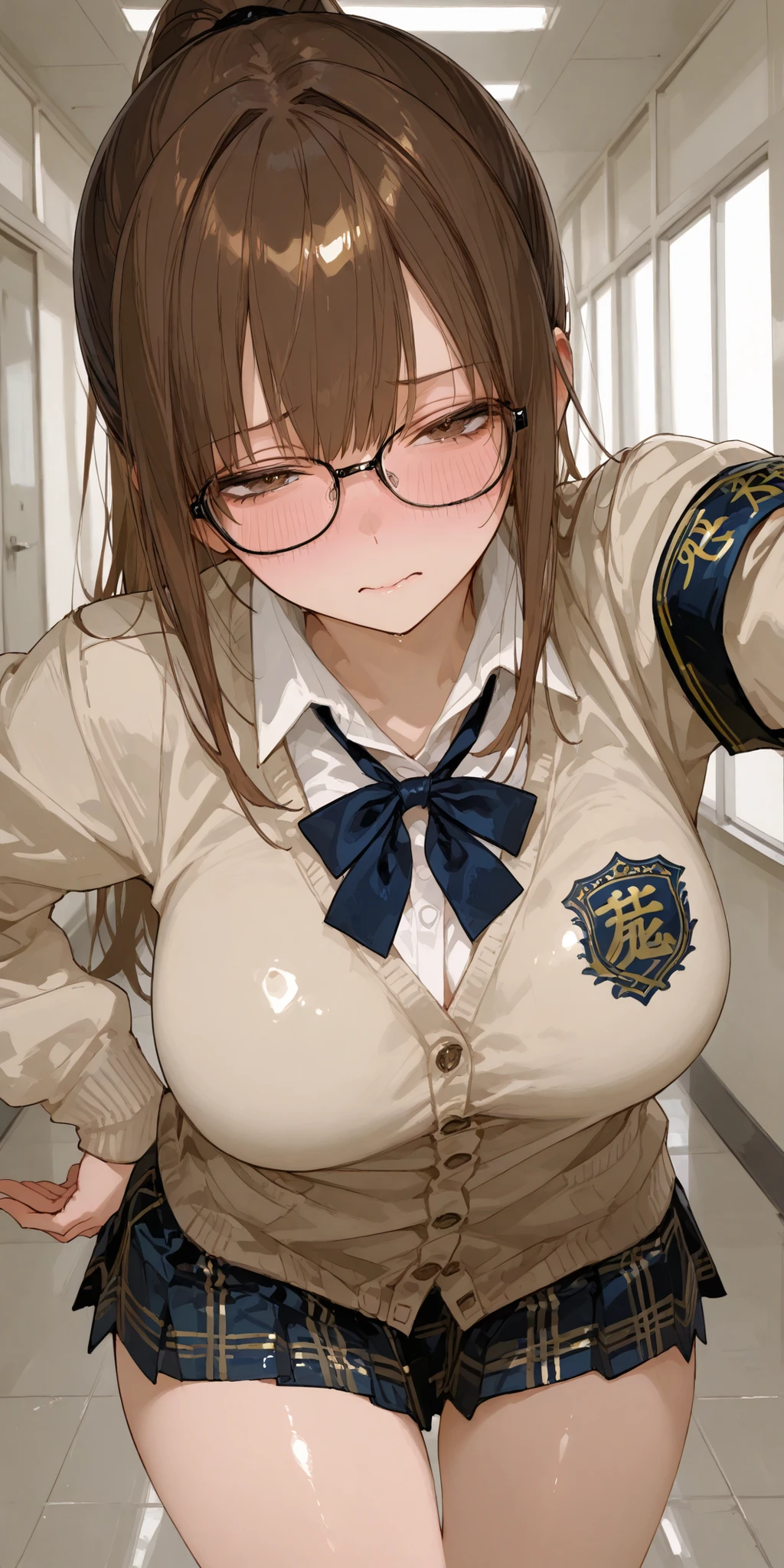 best quality, masterpiece, ultra detailed, SakimiStyle, SagawaStyle, 748cmstyle, 1girl, solo, sweet, large breast, school uniform, putting left hand on the hip, pushing hips backward, bent over, brown ponytail hair, plaid skirt, looking at viewer, cardigan, armband on left arm, embarrassed, tight-fit, formal look, shiny clothes, half closed eyes, glasses, neck ribbon, shiny skin, reaching out right hand to viewer, hallway