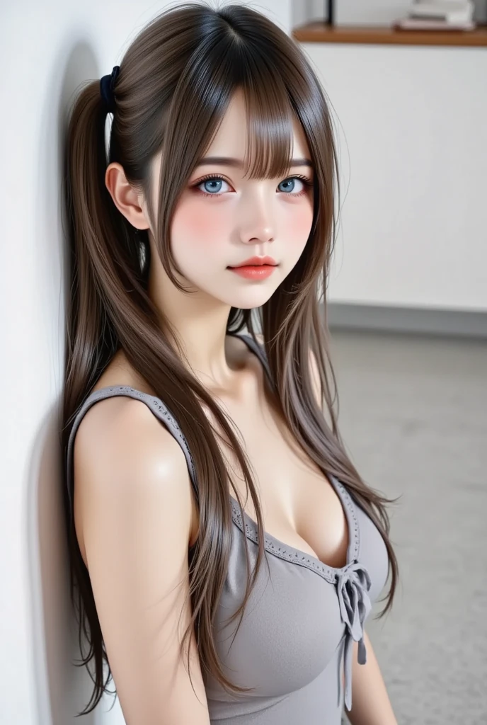 One girl, alone, View Viewer, Blonde long hair, Wearing a corset, Big Ass, Brown eyes, Upper Body, Gray background, Normal , lips, Realistic, A konigsreuter