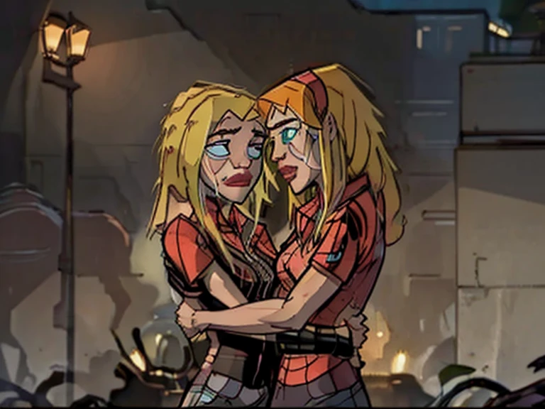 Cartoon style A blonde with two pink streaks on the side Blue eyes, white skin and freckles on the face.
social clothes (Red vest with dress shirt and dress pants underneath)
Pretty With a Baseball Bat in Her Hand. She is covered in blood and has an evil look in her eyes, she is injured and has just killed a zombie made entirely of blood.
She is having sex with a zombie
