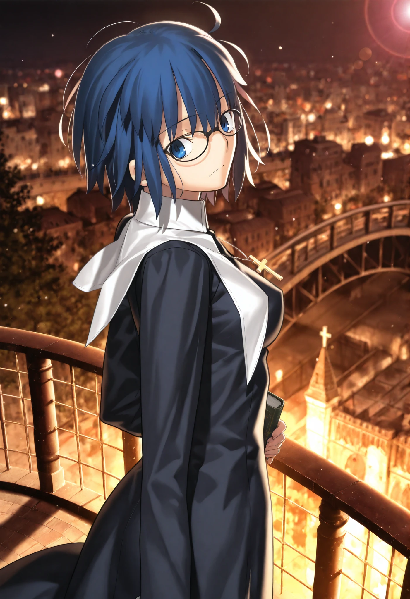 masterpiece, , absurdres, highres, detailed background, high resolution, masterpiece, necessary, detail, best quality, quality, necessary, details, High details, Precise, 8k outdoors, (bridge, city, colorful light particles, powder light,),dark, lens flare, blurry background,(from above, from side),
1girl, Takeuchi Takashi (type-moon,tsukihime) style, takeuchi takashi style, (aged up),closed mouth,(head tilt), long sidelock,
girl, (slender body, slim arms, slim bod),girl, el3gymaster ,ciel \(tsukihime\) ,blue eyes ,blue hair ,glasses ,short hair,(cross ,latin cross ,cross ,holding ,necklace ,nun), (medium breasts),(looking at viewer), , ,
