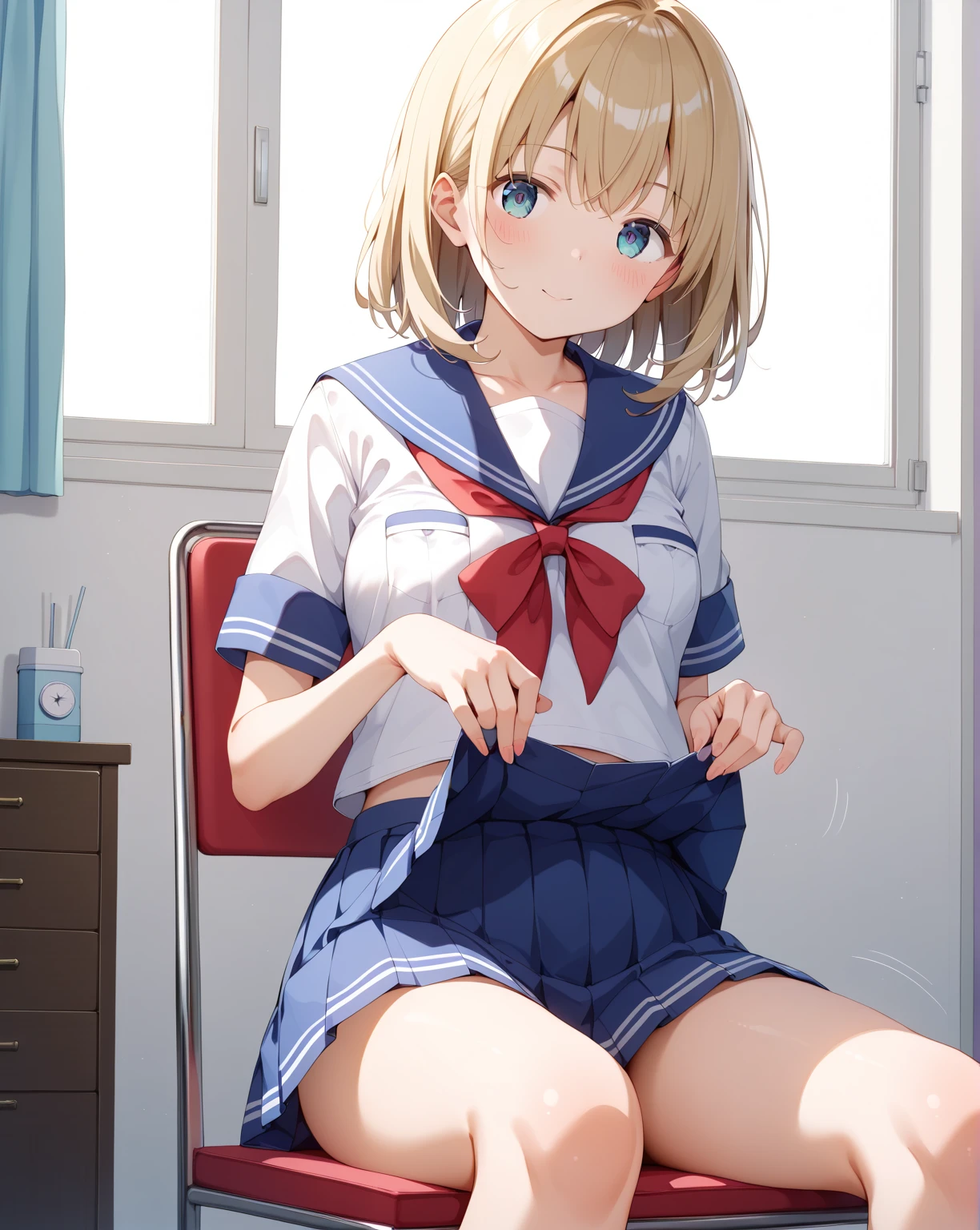 (((1girl))), ((best quality)), ((masterpiece)), ((ultra-detailed)), (illustration), (detailed light), (an extremely delicate and beautiful), (beautiful detailed eyes), (sunlight), ((extremely light)), ((extremely clothes)), (((hyper detail))),(((((front lighting))))),(((((front light))))),
((((quite adorable sailor uniform with brief pleated skirt)))),
,
wavy short manish bob, ((((yellow gold hair)))), (((short hair))),
(((ruby red eyes))),
((((whole body)))), aged 5 to 8, ((((())))), ((((very adorable young girl)))),
(((condescending expression))), (mischievous smile with sexual satisfaction), (((extra adorable))), (((extra slender shape))),
(((extremely beautiful detailed face))),
(((squatting))), (((((Dutch angle))))),(((crystal white panties))),
(((()))),
(((extremely thin thighs))), (((white socks)))