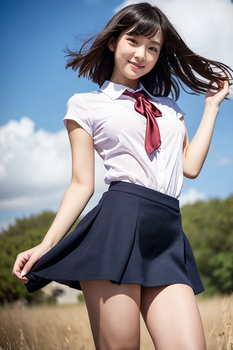 Highly detailed CG Unity 8k wallpaper, top quality, super detailed, masterpiece, realistic, photo realistic, full body, very detailed cute girl, 18 years old, random hairstyle, random hair length, school uniform, short skirt, jumping high, (skirt lift by yourself))), (skirt lift), black lace panties, panty focus, blush, parted lips, look at the viewer, (crowd) , (crowded festival), ridiculous, incredibly ridiculous, small, (detailed female pubic shape clearly visible: 1.4), (no panties: 1.2)
