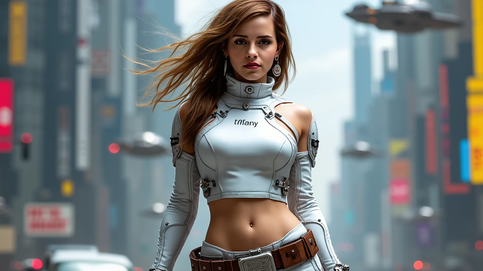 a female with brown hair and in futuristic body suit which reveals her stomach with six pack ab.She is wearing a brown leather belt with gun holder and laser gun.She has round shape earings.She has blue eyes .her body suit is white and having her name tiffany on the chest.The background is floading futuristic city with flying cars.