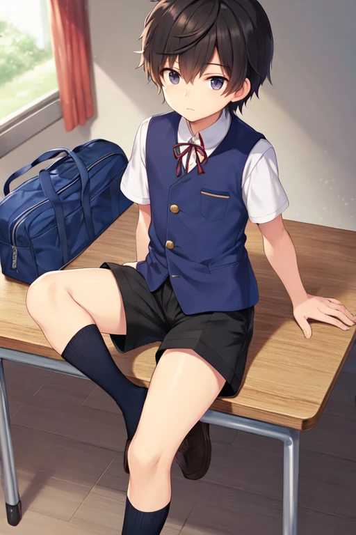 Boy holding urine age teenshort black hair Blue school uniform shorts White shirt Covering crotch Boy leaking urine Standing in classroom Class blushing embarrassed Sweating tears Pants wet