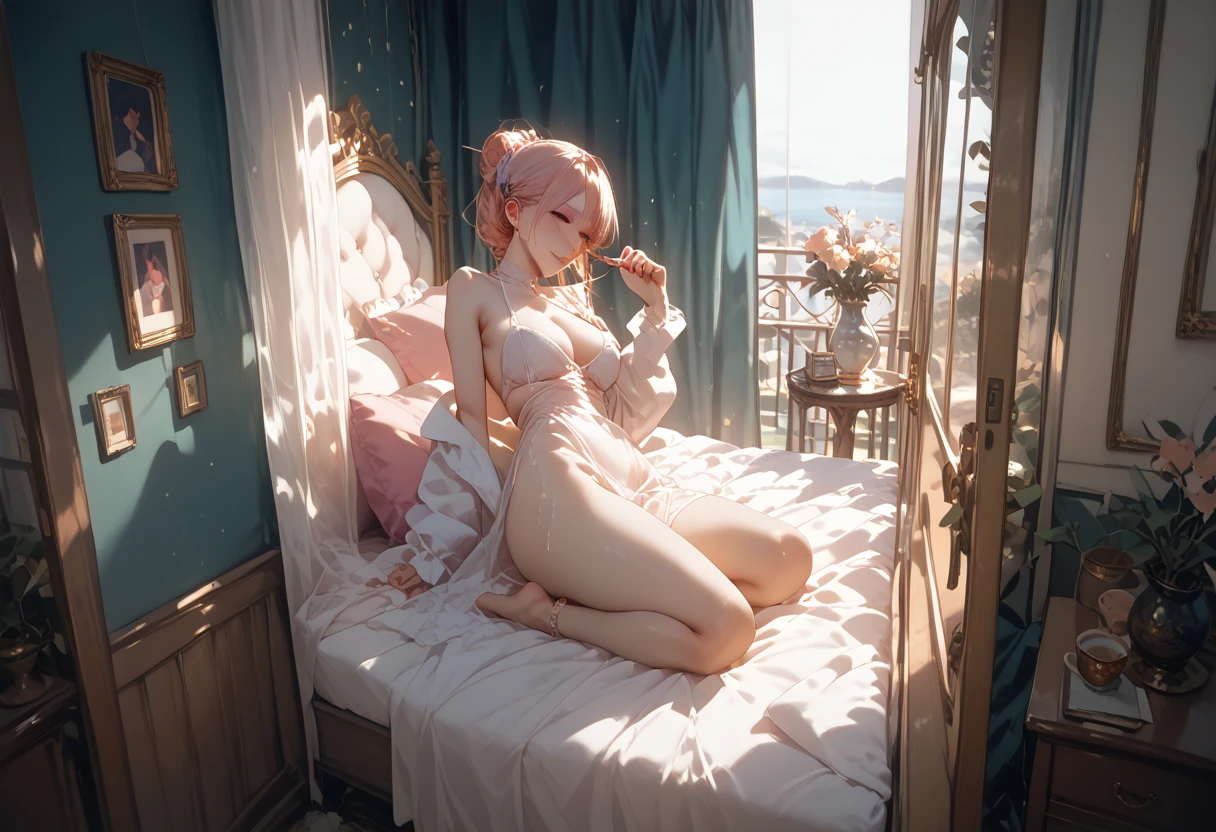 ((highest quality)), ((masterpiece)), (be familiar with), (perfect face), (ultra high resolution:2), (pov:1.8), (most beautiful girl), (beautiful symmetry face), (perfect sexy figure:2), (perfect sexy proportion:2), (beautiful body), (huge breast:1.7), (big breast:1.8), (ultra soft breast:1.8), (very soft breast:1.9), (natural breast:1.5), (very soft cleavage:1.9), (great cleavage:1.1), (dress that emphasize cleavage:1.6), (forward-bent posture that emphasize cleavage:1.9), (kind smile:1.6), (three girls:1.5), (her breast facing to me:1.5), (breast is about to overflow from dress:2.1), (girls are lifting their breasts with their own left and right hands:1.8), (sitting on bed:1.4), (sexy high slit dress:1.7), (v-strings high waist:2), (extreme high waist:1.7), (see-through sexy dress:1.8), (silvery pink hair:1.5), (short-bob hear:1.7), princess, (European woman:1.9), (knee shot:1.7), (The screen shows the girls' body from the thighs up:1.2), (hotel resort:1.2), (gorgeous bed room:1.6), (gold sexy party dress:1.1), extreme sexy dress, super sexy dress, (gorgeous suite:1.9), royal, (gorgeous:2), seductive pose, brown eyes, (beautiful navel:1.1), (her gaze is on camera:1.5), (transparent glass wall:1.6), (big window:1.3), high detailed room, (gentle lighting:1.3), (natural sunny front lighting:1.3), non-nude,