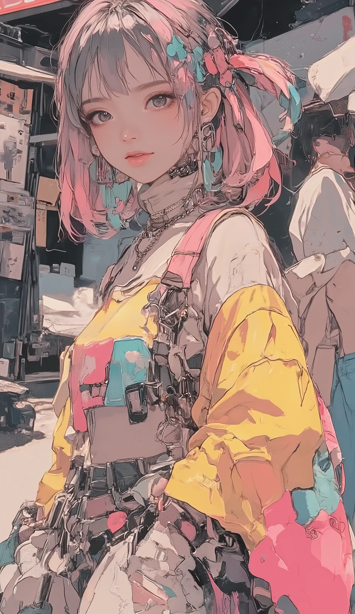 8k, masterpiece, top quality, mushroom cut Asian woman,natural makeup,healthy, Radiant Skin ,Modest lips, add volume to the top with mash shorts、Shorten the neckline、Add random curls, Soft impression ,Bangs above eyebrows,unique pastel hair color,sporty and elegant fusion,sports jacket and frill skirt,Sneakers,Street x feminine,chiffon blouse with denim,Accent with large hoop earrings or chain necklaces,bag is a waist pouch,volume、add bright colors such as blue,put together in monotone、colorful with accessories,natural body movements(Looking back while walking),The expression is a vibrant and bright smile,slightly unique atmosphere,The background is a Japanese city park