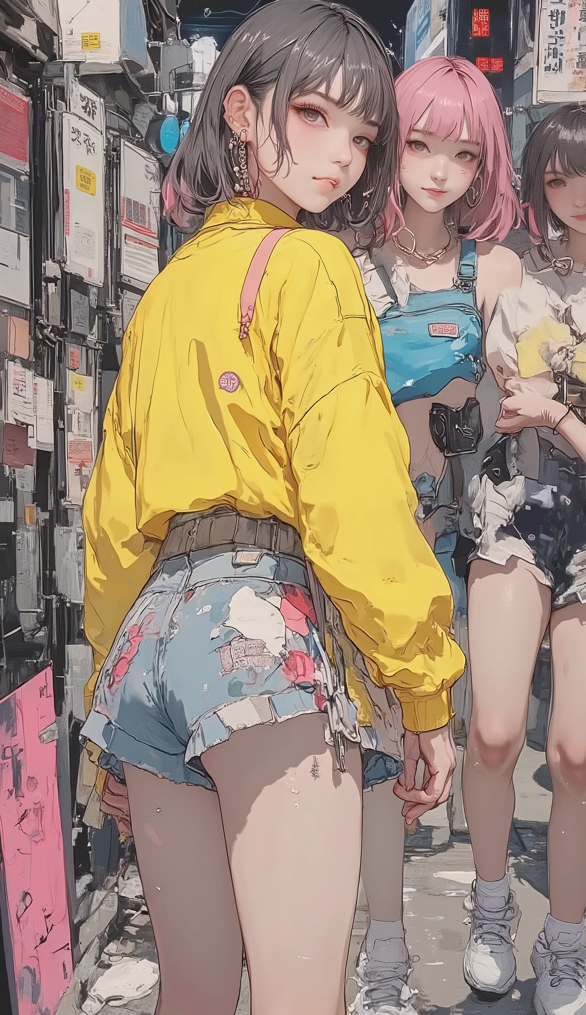 8k, masterpiece, top quality, mushroom cut Asian woman,natural makeup,healthy, Radiant Skin ,Modest lips, add volume to the top with mash shorts、Shorten the neckline、Add random curls, Soft impression ,Bangs above eyebrows,unique pastel hair color,sporty and elegant fusion,sports jacket and frill skirt,Sneakers,Street x feminine,chiffon blouse with denim,Accent with large hoop earrings or chain necklaces,bag is a waist pouch,volume、add bright colors such as blue,put together in monotone、colorful with accessories,natural body movements(Looking back while walking),The expression is a vibrant and bright smile,slightly unique atmosphere,The background is a Japanese city park