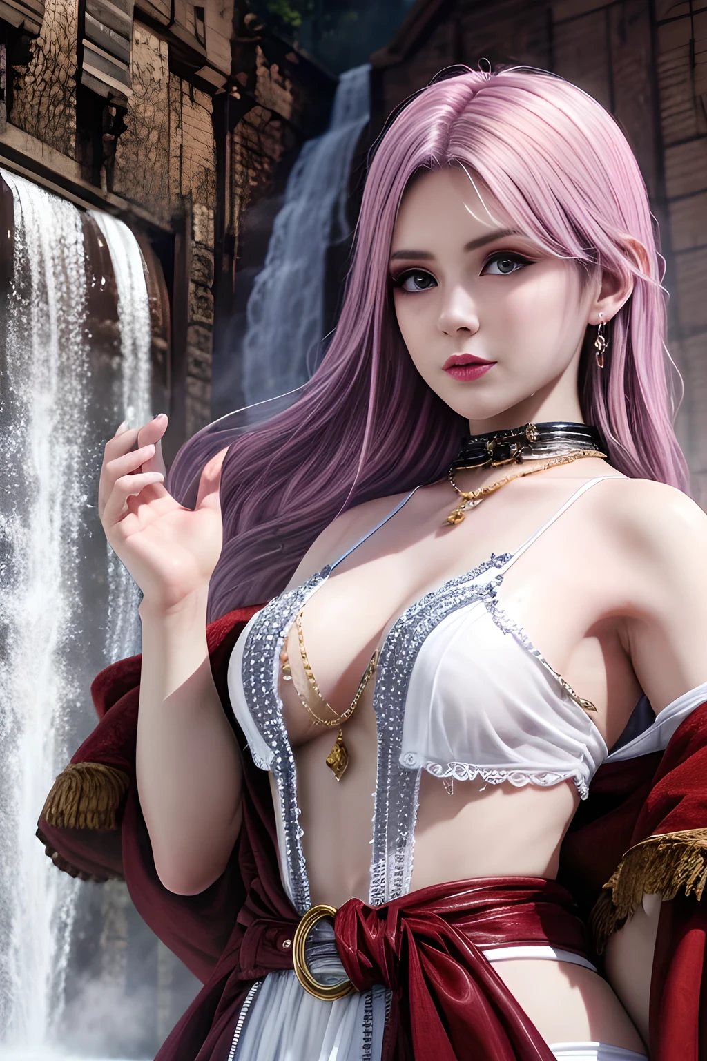 bird's eyes view,1 girl,Vampires, Elise,(Wear red and blue color style; floral lace layered skirt),jewely,Tattooed with,Redlip,(Glossy glossy skin:1.4),鎖骨,gigantic cleavage breasts,during night, full_themoon, As estrelas,(tmasterpiece), Best quality at best,(of a real:1.4), detailed,8K,number art,detailed头发,detailed脸, of a real fingers,depth of fields,Similar colors,a warm color palette,softlighting,low-contrast,hard shadows,full body,